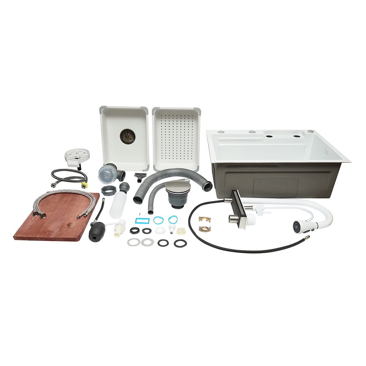 Chiuveta bucatarie otel inoxidabil cu doua baterii, functie cascada, spalator pahare, dozator sapun, scurgator, tava, tocator si accesorii scurgere incluse, dimensiune 60x45x22cm